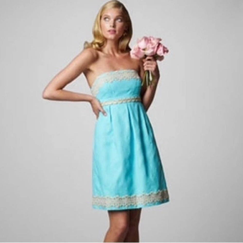 Lilly Pulitzer Betsey‎ Jacquard Shorely Aqua Blue Dress 4 Strapless Gold Trim
